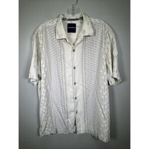Tommy Bahama Silk Button Down Mens Large Cream Geo Print 90's Y2K Tropical Beach